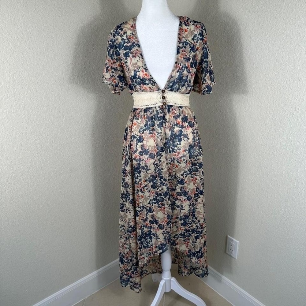 Dizzire Swim Coverup Dress Women XS Blue Open Front Floral Boho Cottagecore
